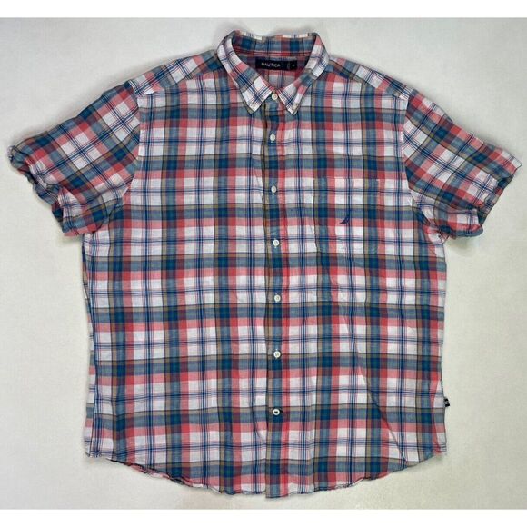 NAUTICA Plaid Linen Blend Button Up Shirt Men XL Multicolor Short Sleeve - Picture 1 of 6